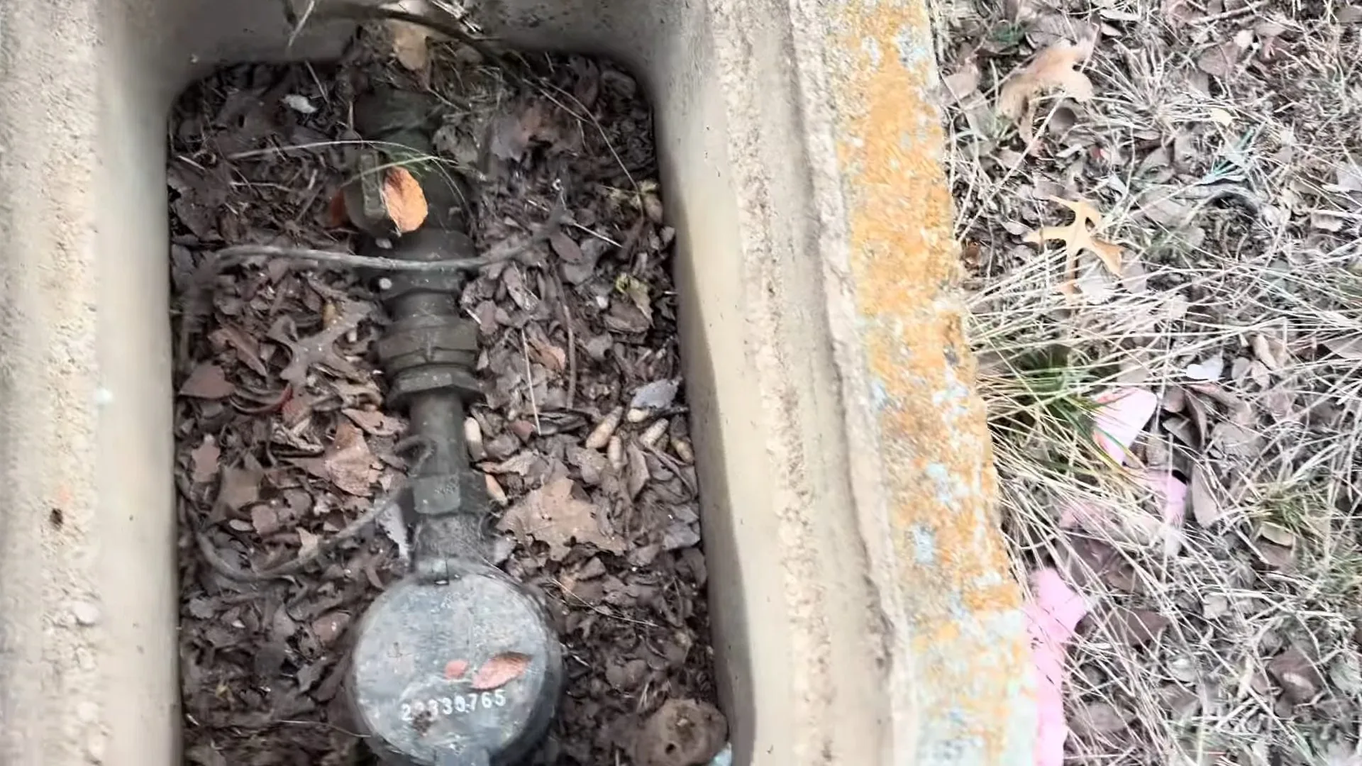 An old water meter with a visible serial number sitting in a concrete ground box with fallen leaves around it.
