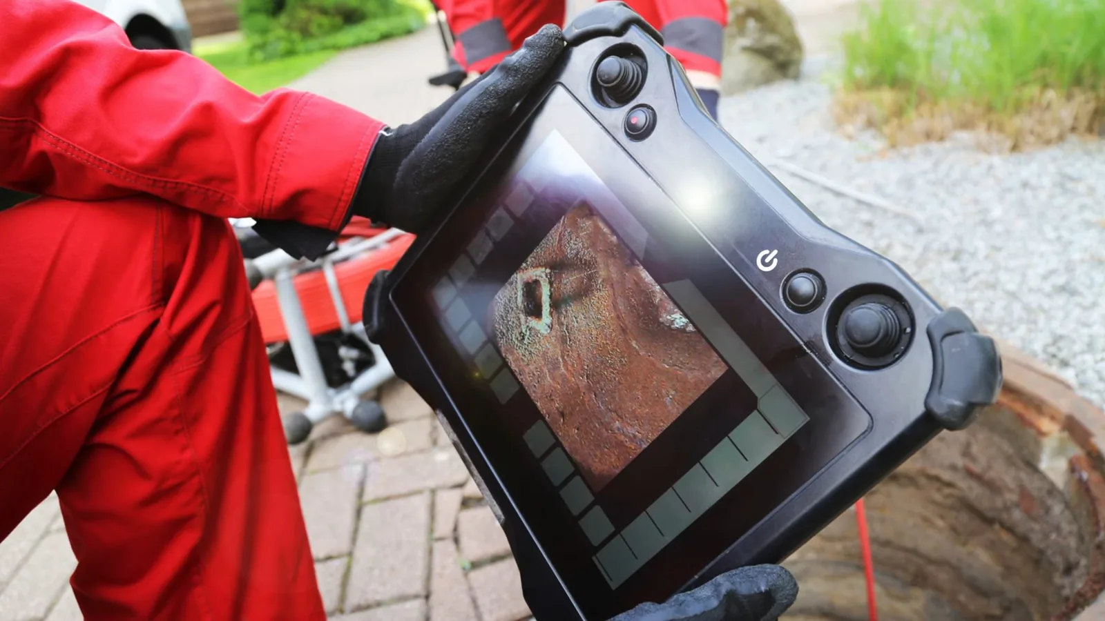 A worker in red coveralls holding a camera monitor beside a drain access cover.