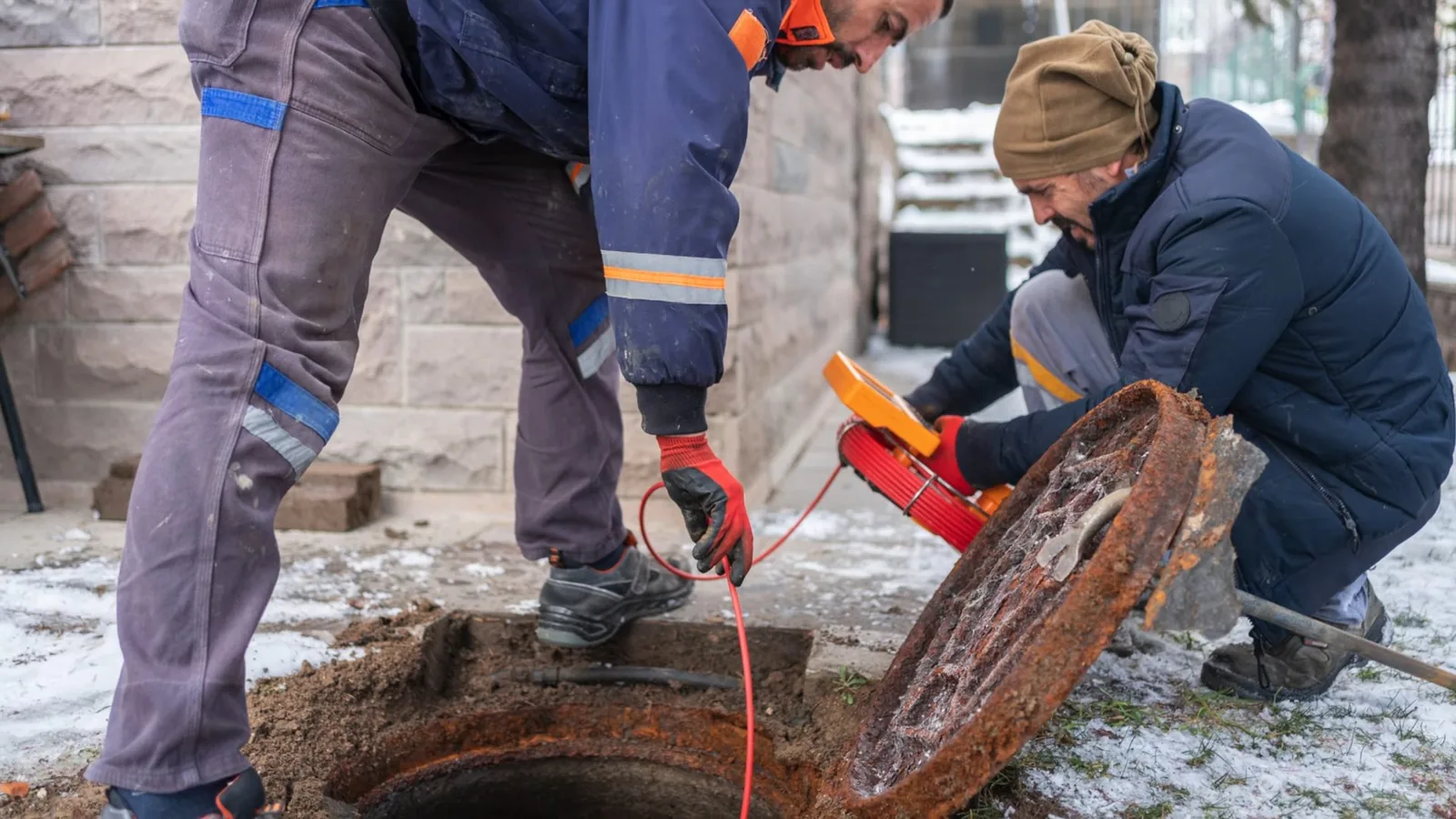 Two workers beside an open manhole in a snowy yard, one crouching with an orange camera reel and cable.